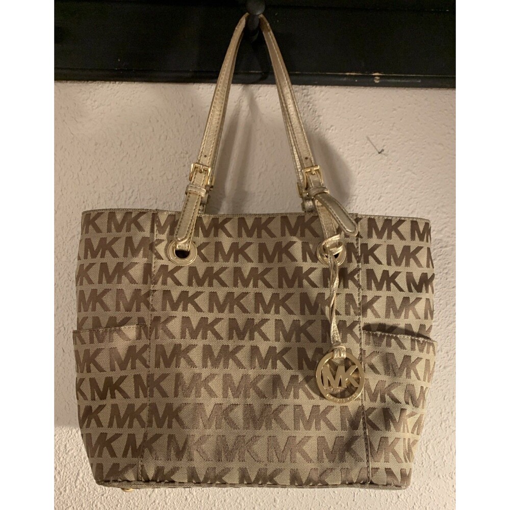 Michael Kors Tan Signature Print Tote Bag Gold Logo Purse